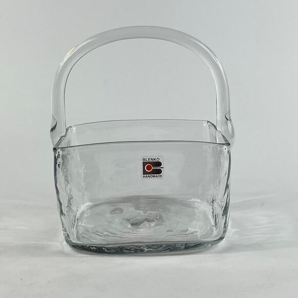 Blenko Handmade Clear Glass Basket 5.75" Square Heavy Art Glass Handle USA - Picture 1 of 11